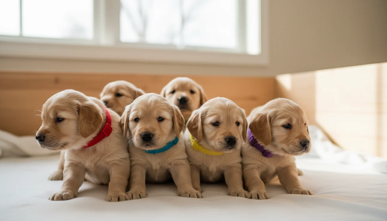 Miot szczeniąt z kolorowymi obrożami — zarządzanie szczeniętami na hodowca.pl