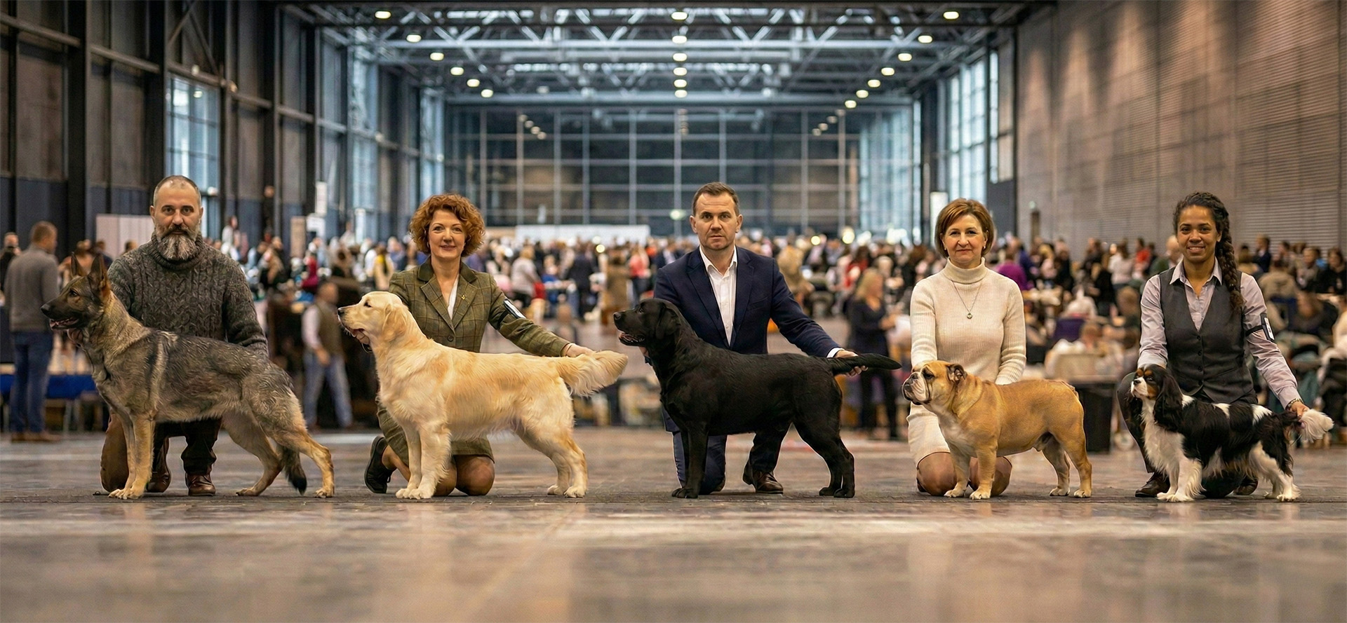 Wystawa psów rasowych — hodowcy prezentują psy różnych ras